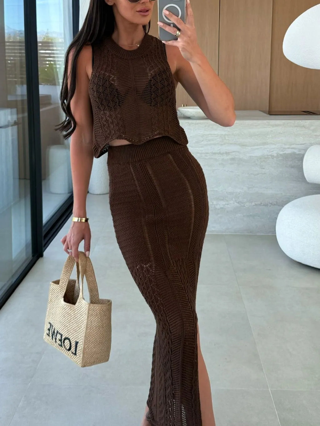 Crop Top and Slit Skirt Outfit Set Openwork Knit Round Neck Summer 2 Pcs a859aa89-2617-4431-bd8d-e133b68876d3-Max-Origin Trendsi