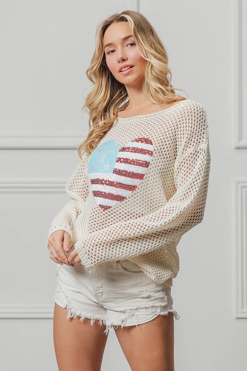 BiBi Knit Top Sequin American Flag Heart Up Embroidered Long Sleeve a85baa4aa99b4a788bb65fecc43287b3-Max-Origin Trendsi