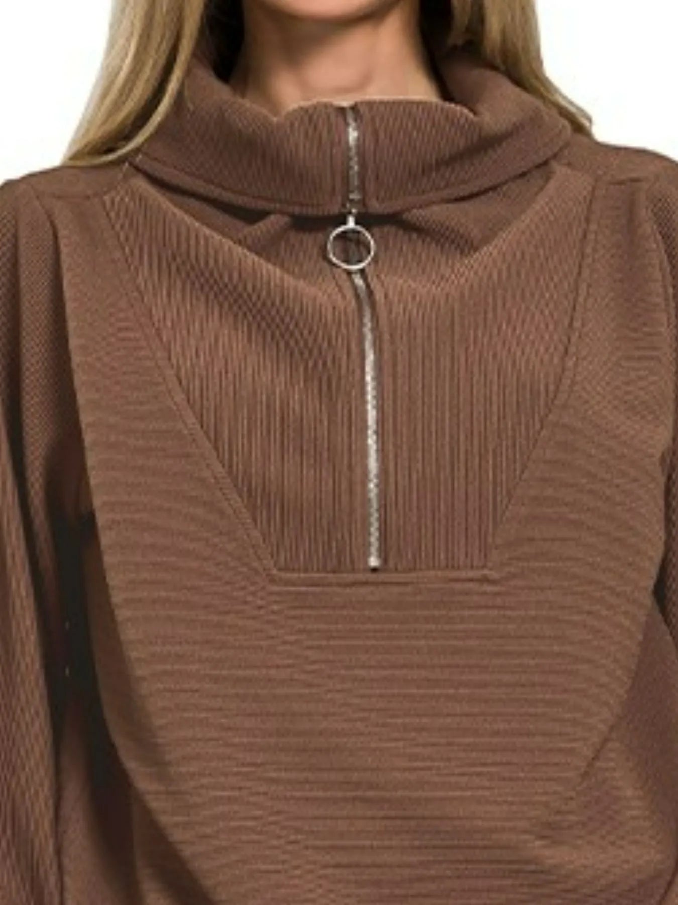 Zenana Outfit Set Brown Ribbed High Neck Half Zip Pullover & Pants Set