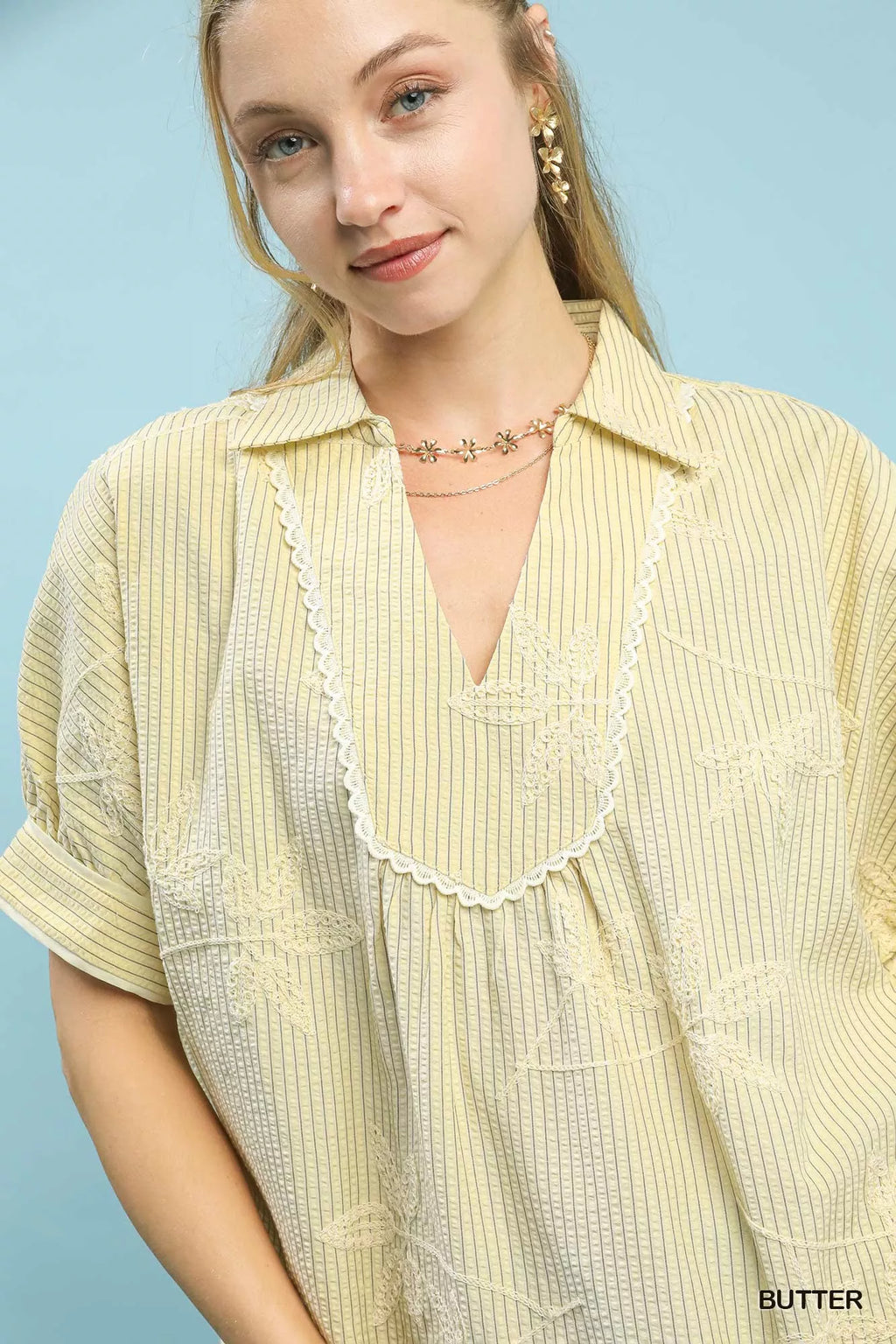 Umgee Womens Blouse Butter Yellow Striped Embroidered Top with Scallop Trim a86ff931-20d8-4619-b3c9-0c2abff23f39-Max-Origin Trendsi