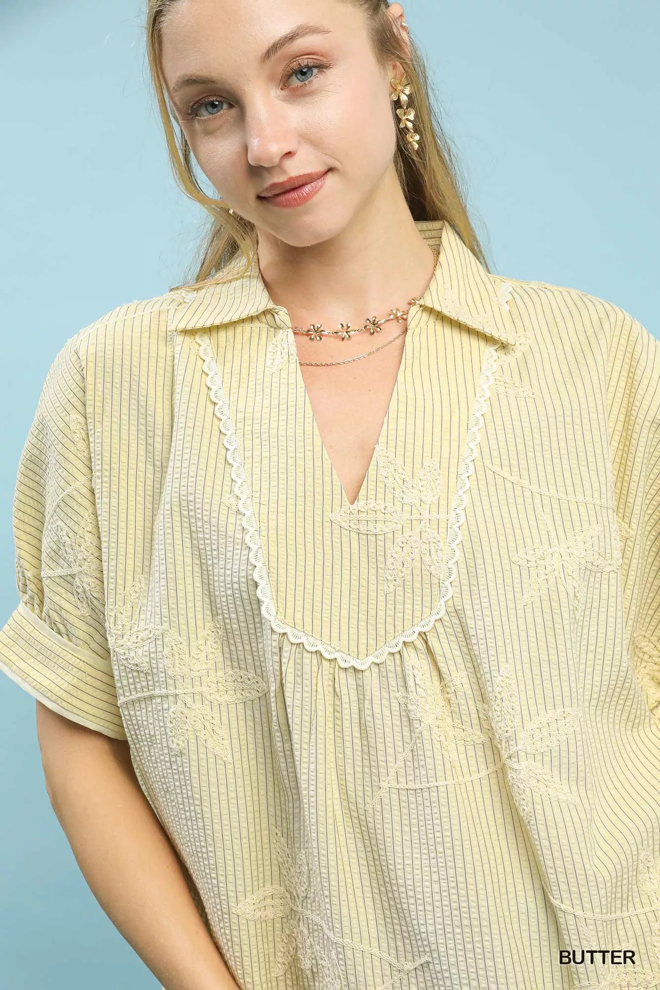 Umgee Womens Blouse Butter Yellow Striped Embroidered Top with Scallop Trim a86ff931-20d8-4619-b3c9-0c2abff23f39-Max-Origin Trendsi