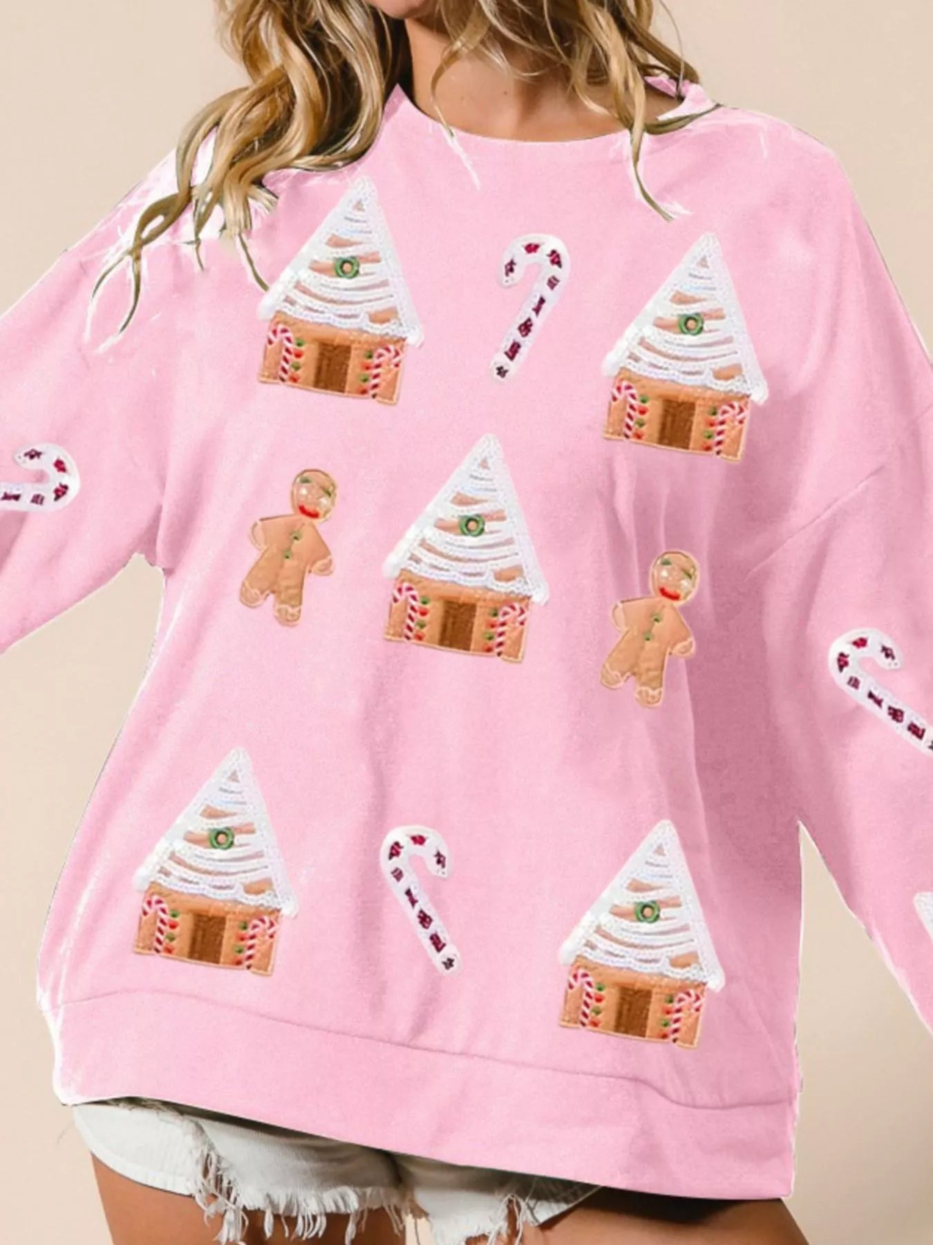 Christmas Women's Sweatshirt Gingerbread House Sequin Pullover Pink a89505bc-dce5-4914-8e1b-f25b39e237da-Max-Origin Trendsi