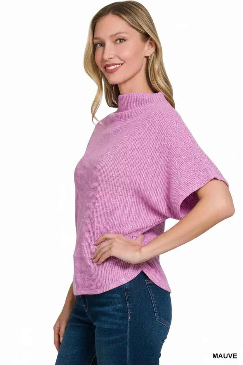 Zenana Women Sweater Mauve Mock Neck Knit Top with Side Shirred Short Sleeve a8a1f2ed-8b72-4a1e-890e-ab911b43f081-Max-Origin Trendsi
