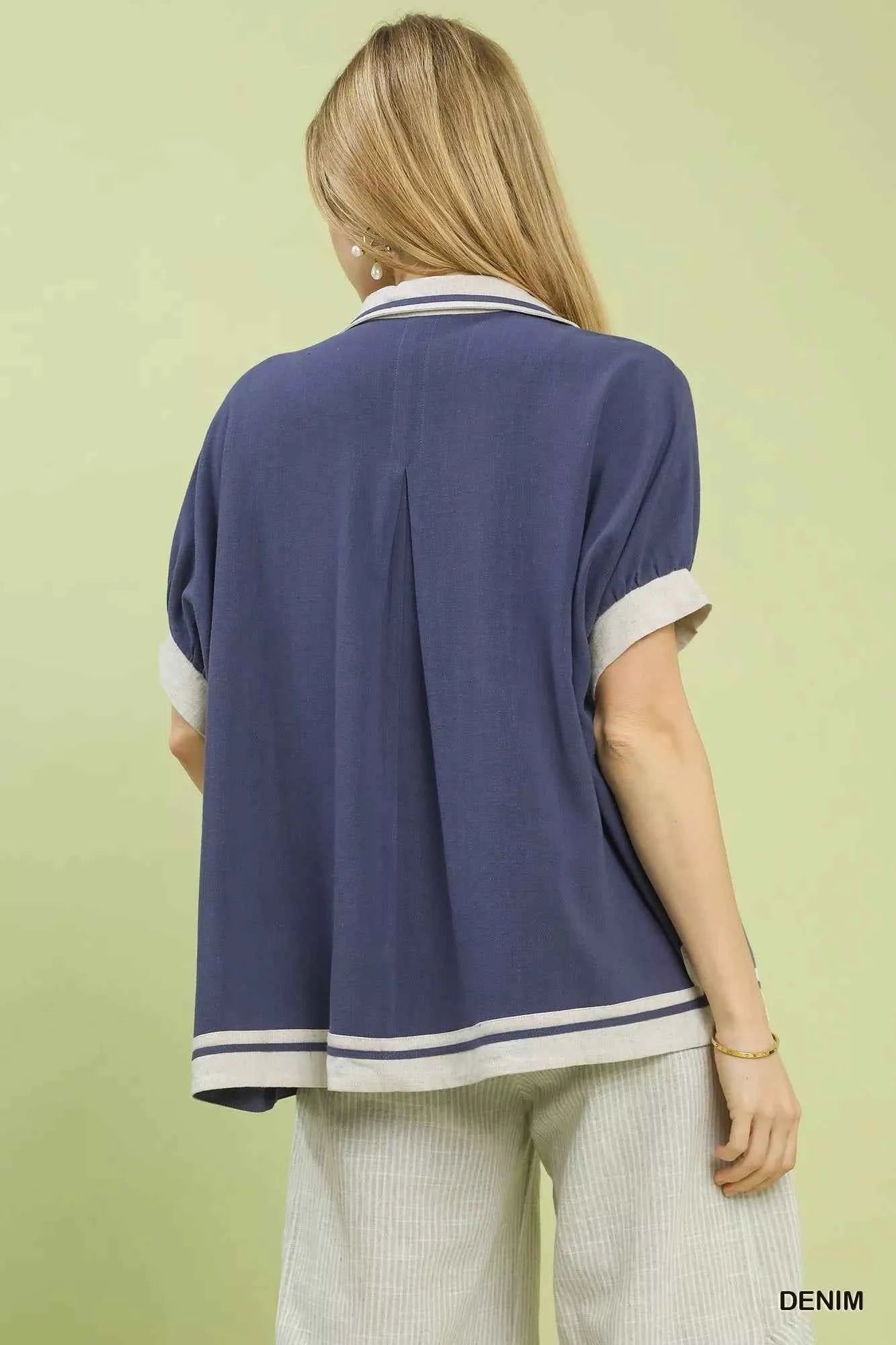 Umgee Women Blouse Blue Linen Button Front Top with Contrast Piping Top a8a7ac2a-6dc6-4bb0-bdf1-6ecfa9ee5301-Max-Origin Trendsi