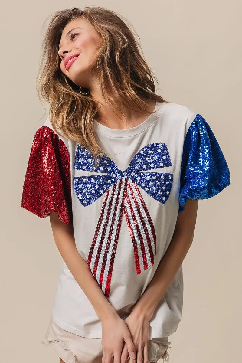 BiBi Cotton T-shirt Sequin American Flag Bow Top Short Puff Sleeve a8af9cee91364901b2dc4449d80442b9-Max-Origin Trendsi