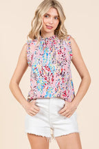 Lime 'N' Chili Top Floral Pink Graphic Print Ruffle Trim Mock Neck Sleeveless a8b548852ea743d8be601140003307c2-Max-Origin Trendsi