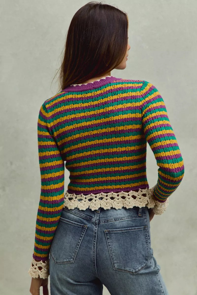 SO ME Mardi Gras Striped Cropped Knit Top with Crochet Edge a8b61b6fcc9b4b328e05b93fde72e543-Max-Origin Trendsi