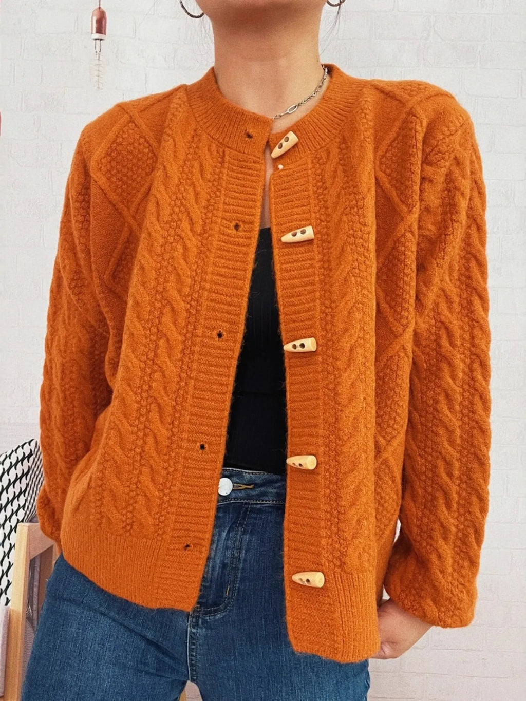 Women's Cardigan Cable Knit Button-Up Long Sleeve Knitwear a8b883682bcc409a8f97de5379e6e921-Max-Origin Trendsi