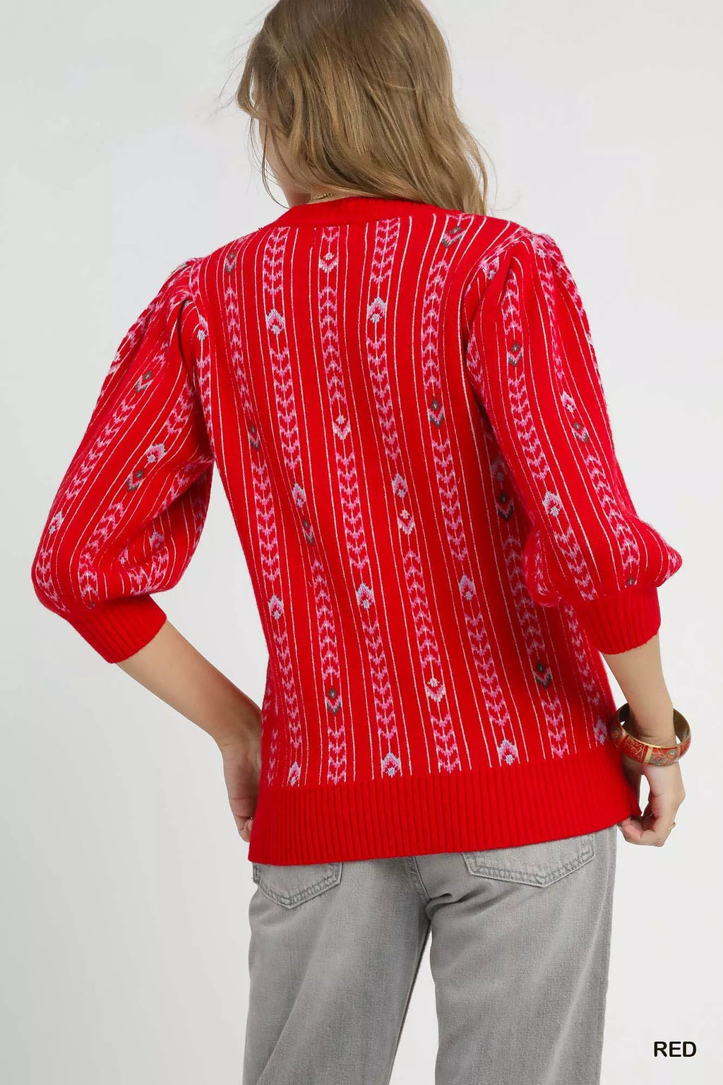 Umgee Women's Sweater Red Jacquard Knit Puff 3/4 Sleeve Pullover a8ba3550-e509-4312-9b23-53bcae6ca627-Max-Origin Trendsi