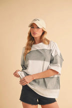 Aemi+Co Cotton T-Shirt Striped White Gray Color Block Short Sleeve Top a8c5d3aa012944fcaa0658ee5d29f26c-Max-Origin Trendsi