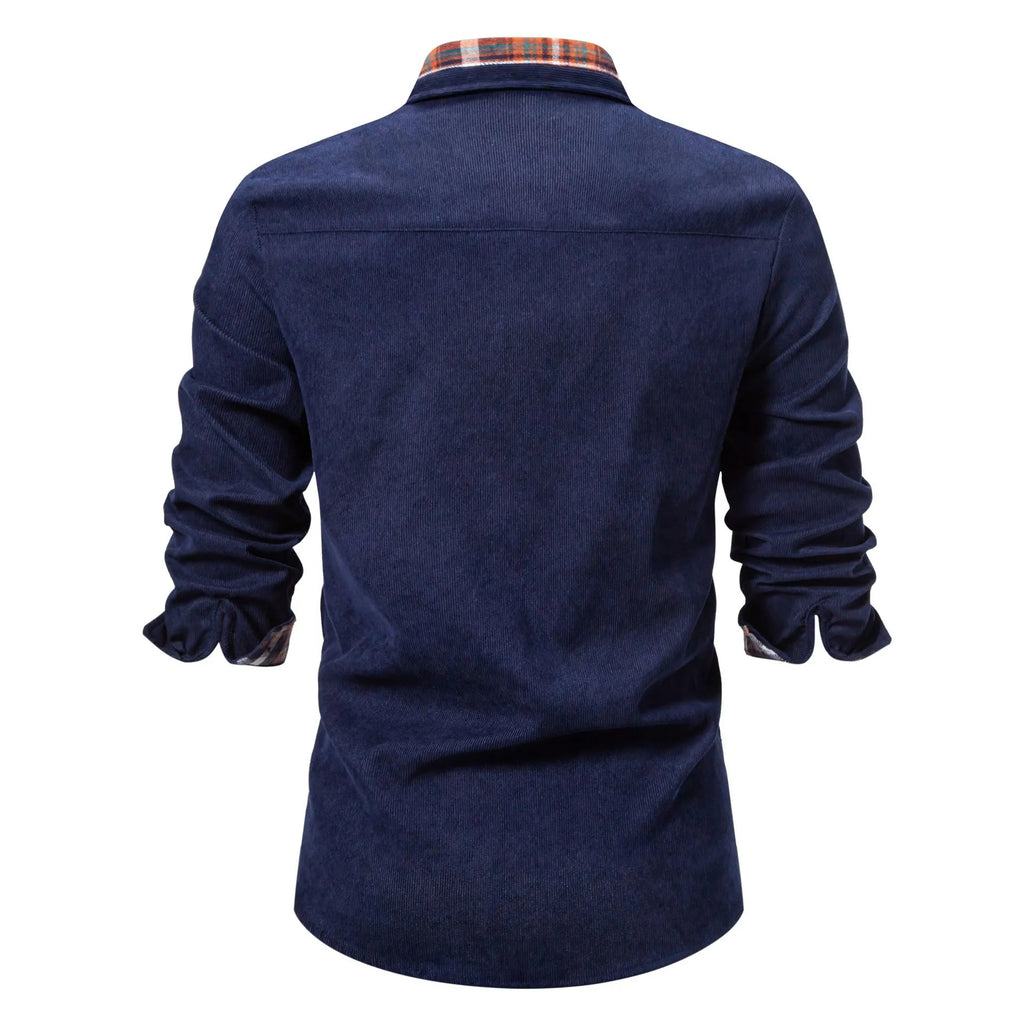 Men's Casual Shirt Cotton Navy Blue Long Sleeve with Plaid Contrast Details a8cb3c54ff83479c87c567fdfec1ff10-Max-Origin Trendsi