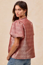 BiBi Jacquard Womens Blouse Red Woven Short Balloon Sleeves V Neck Top a8cbe2f0b03444a2a5d96a513d5954e2-Max-Origin Trendsi