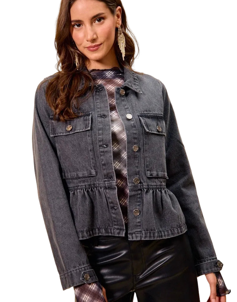 SO ME Denim Peplum Hem Front Button Jacket With Pockets