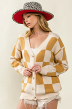 BiBi Cardigan Knit Ivory Camel Checked V-neck Long Sleeve Sweater a8fe90cbc4464e0baf4bdb542fe5e5cd-Max-Origin Trendsi