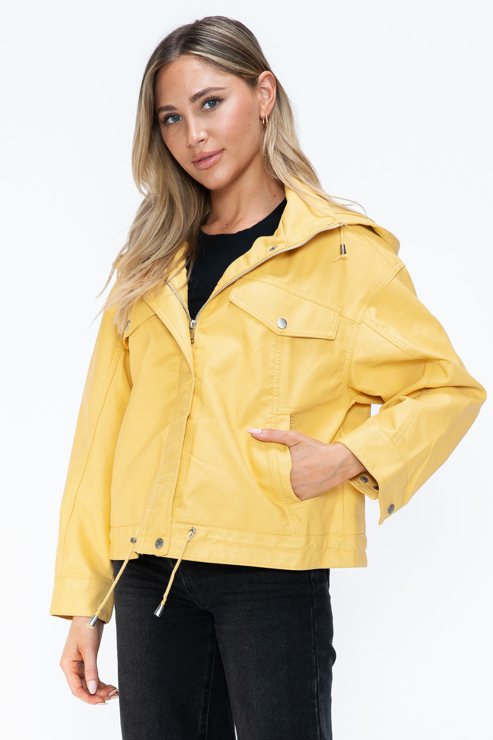 How Dare U Women PU Leather Jacket Drawstring Hem Zip Up Jacket Yellow