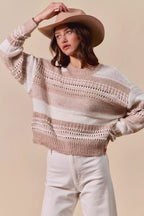 SO ME Womens Sweater Taupe Variegated Stripe Openwor Textured Loose Fit a90162c080e94b31af5c60a663dba39e-Max-Origin Trendsi