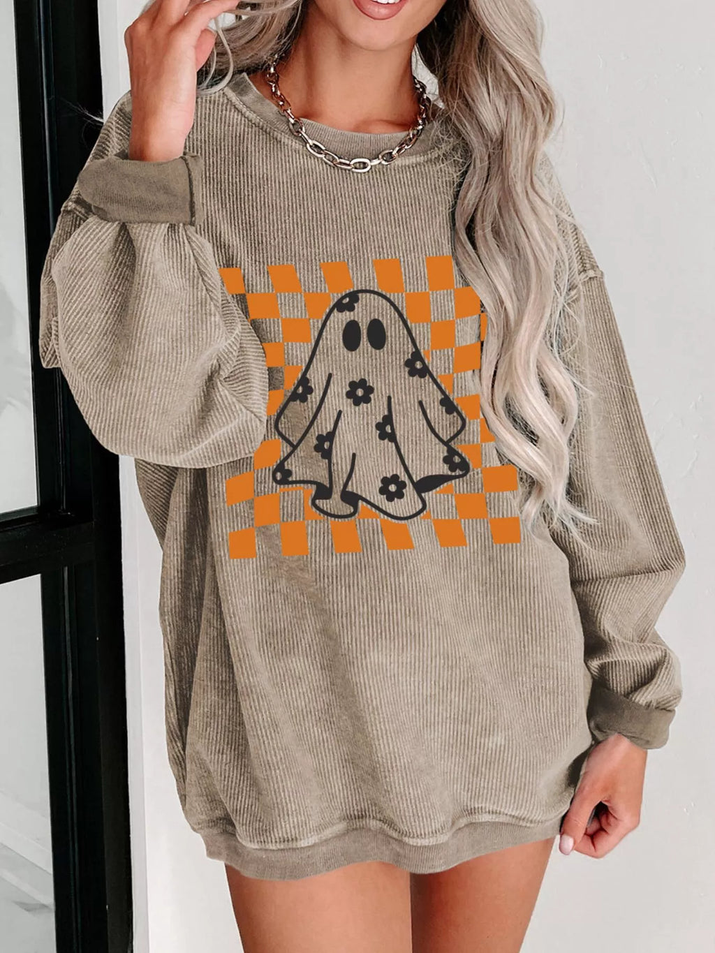 Halloween Women's Sweatshirt Khaki Checkerboard Floral Ghost Graphic Corded a9085b97-5ef9-4613-aaf9-64b649826745-Max-Origin Trendsi