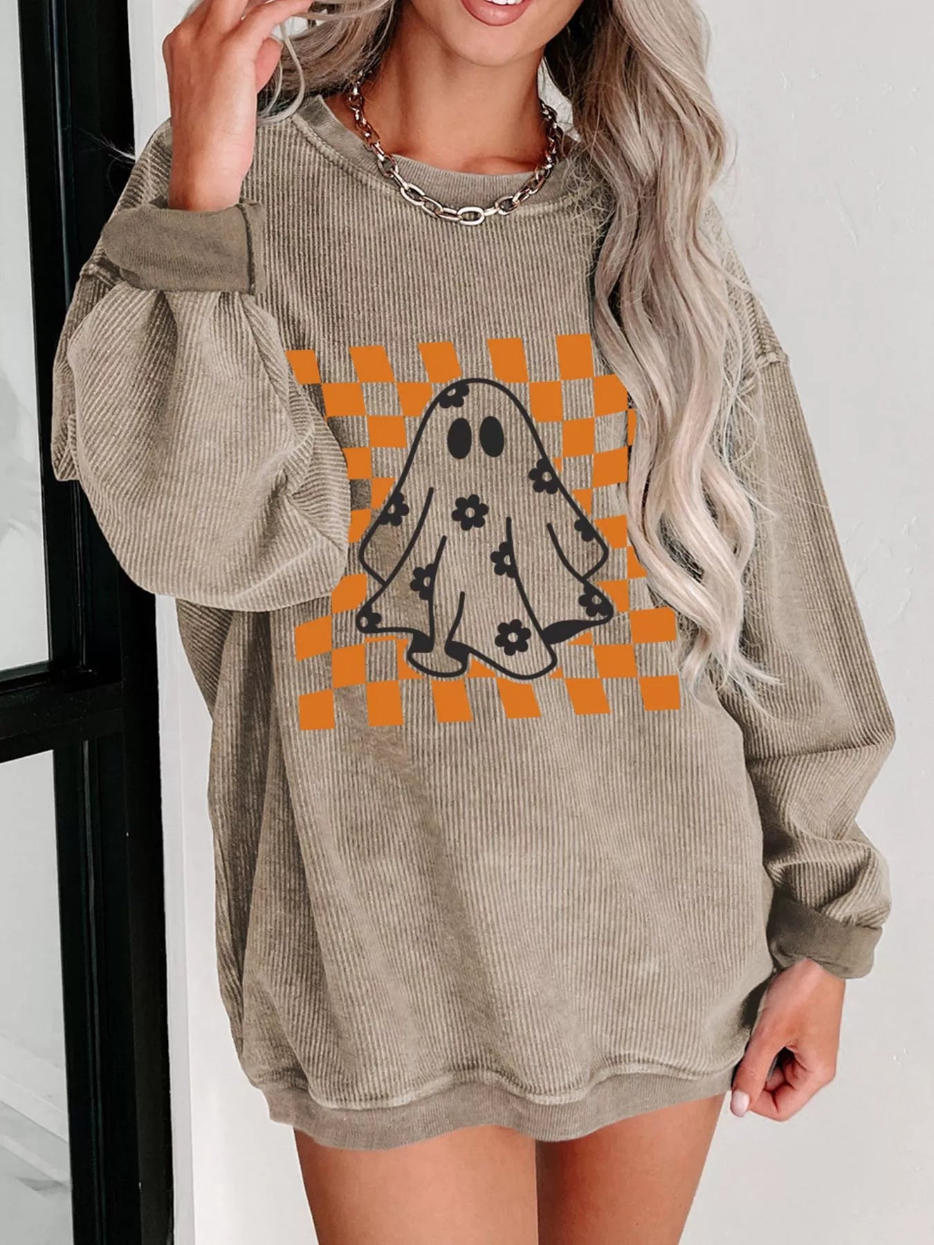 Halloween Women's Sweatshirt Khaki Checkerboard Floral Ghost Graphic Corded a9085b97-5ef9-4613-aaf9-64b649826745-Max-Origin Trendsi