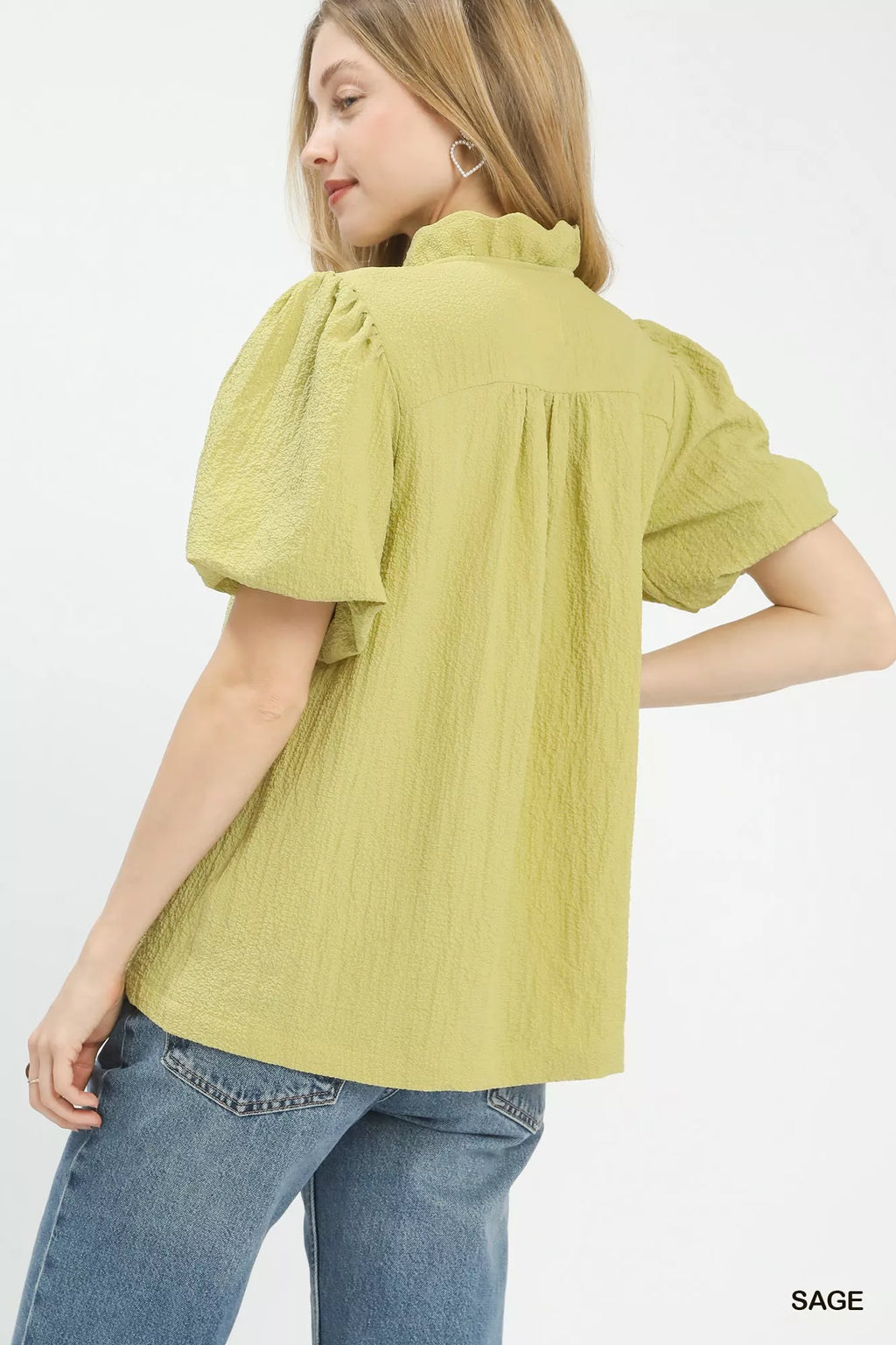 Umgee Blouse Sage Green Seersucker Puff Sleeve Short Sleeve Top a90979bd-8767-46eb-9725-0f4c3fa4defd-Max-Origin Trendsi