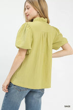 Umgee Blouse Sage Green Seersucker Puff Sleeve Short Sleeve Top a90979bd-8767-46eb-9725-0f4c3fa4defd-Max-Origin Trendsi
