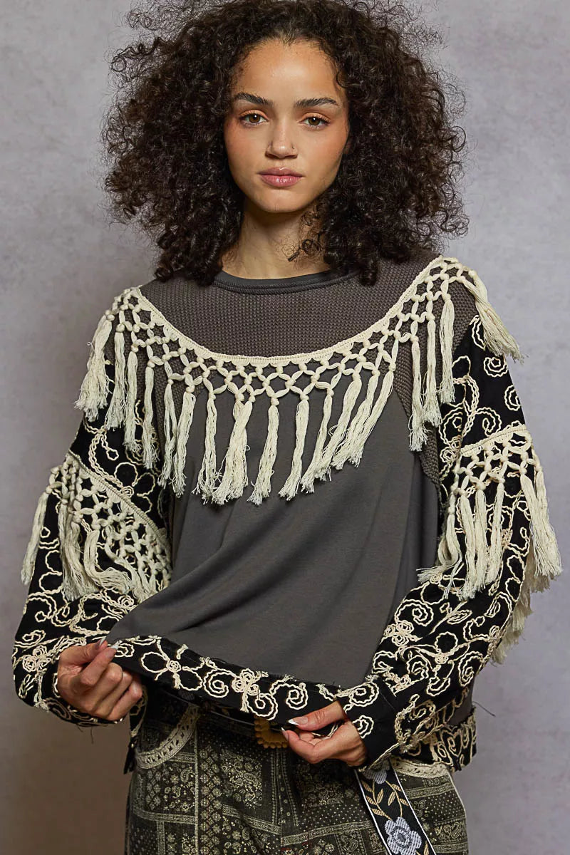POL Blouse with Tassel Trim Contrast Floral Embroidery Balloon Sleeve Top a910b6d7-3797-44ba-9641-d7a4e57ef1ac-Max-Origin Trendsi
