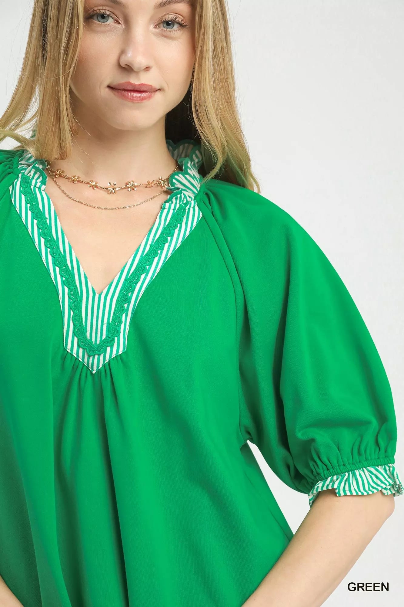 Umgee Blouse Green French Terry Collared Top Short Puff Sleeve a91d0df2-2036-481d-93d0-45940129b76b-Max-Origin Trendsi
