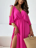 Maxi Summer Dress V Neck Tied Shoulder Slit Short Sleeve High Waisted a91d2219-c160-4cc1-b68c-65b8aa7a1f75-Max-Origin Trendsi