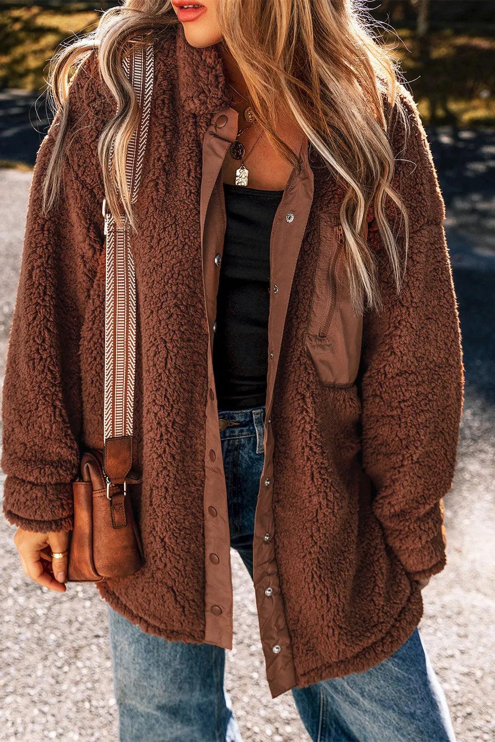 Fuzzy Jacket Snap Down Dropped Shoulder Long Sleeve Outwear Brown