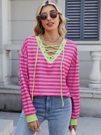 Striped T-Shirt Lace-Up Crisscross V Neck Long Sleeve Blouse Top Hot Pink a93aef6c-13e4-4bef-913c-40a9638304d1-Max Trendsi