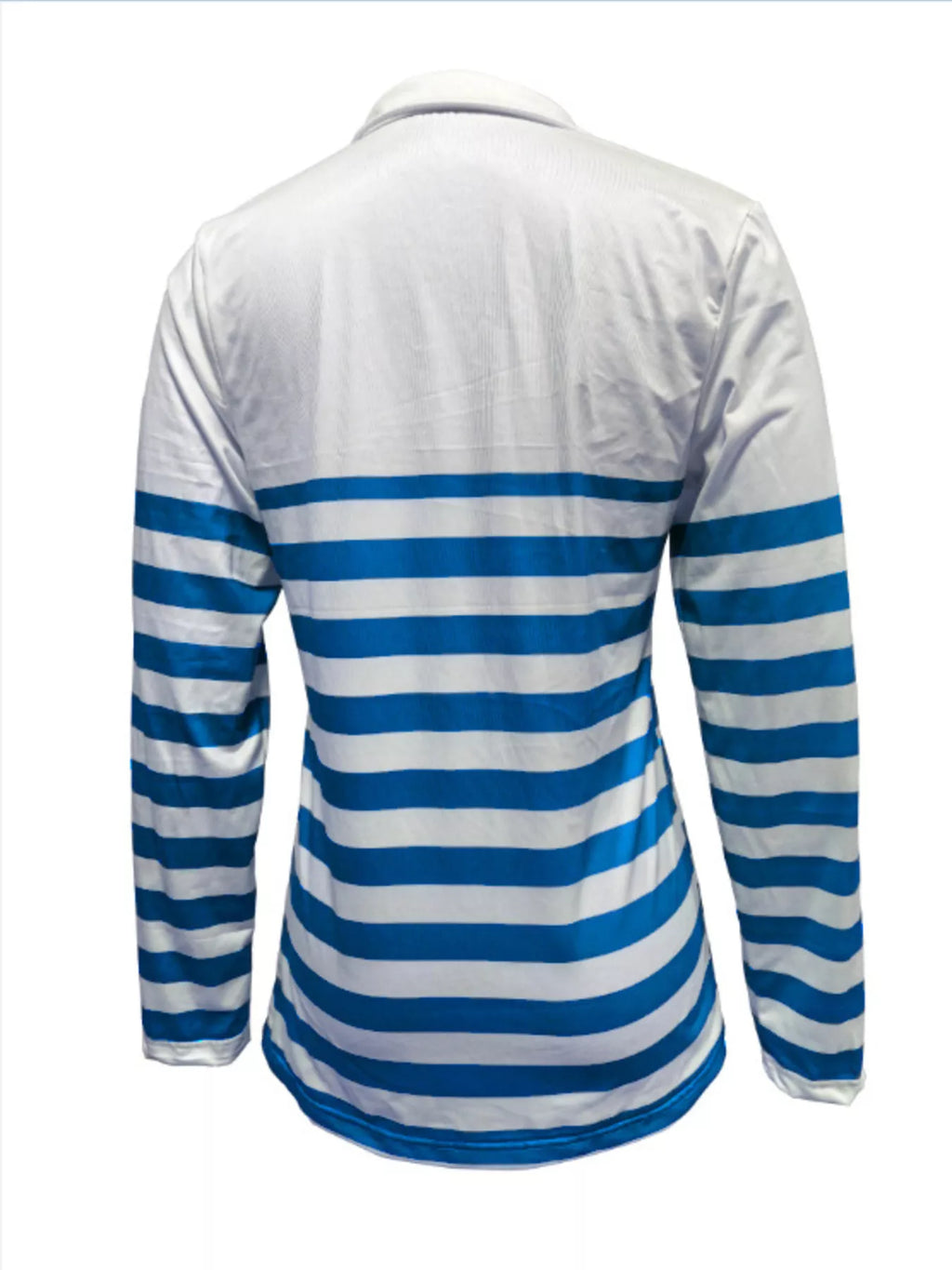 Back view of blue and white striped shirt on mannequin with solid upper panel