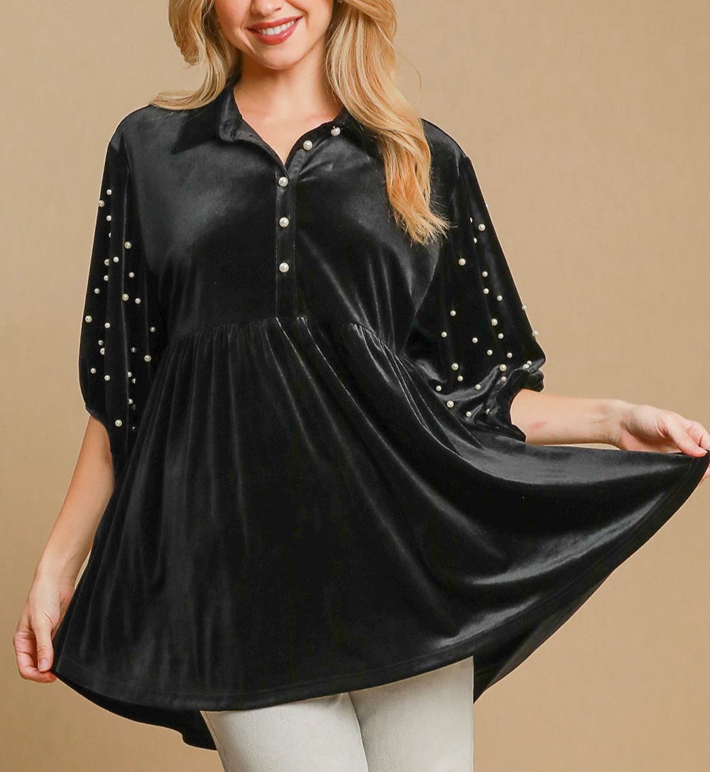 Umgee USA Pearl Babydoll Blouse Black Women Half Sleeve Velvet Ruffle Top