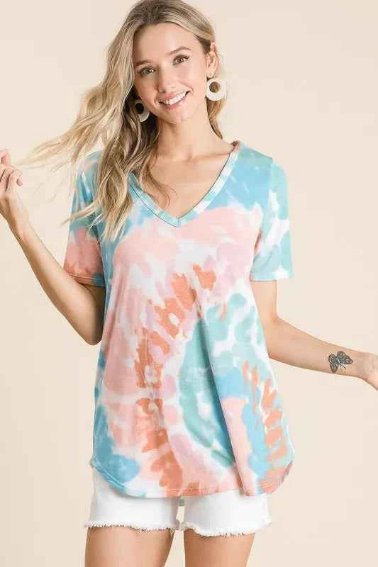 BiBi T-shirt Tie Dye Print Pink Mint Circular V Neck Top Short Sleeve a942b5fff85848a4babe2177920ad0c2-Max-Origin Trendsi
