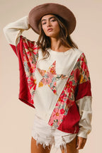 BiBi Sweatshirt Floral Print Mixed Star Patch Round Neck Top a94631f9a98045669e801664af661723-Max-Origin Trendsi