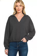 Zenana Sweatshirt Black French Terry Collared Exposed Seam Top a94ba009-e1ae-4c6d-90e4-87329e0bfddc-Max-Origin Trendsi