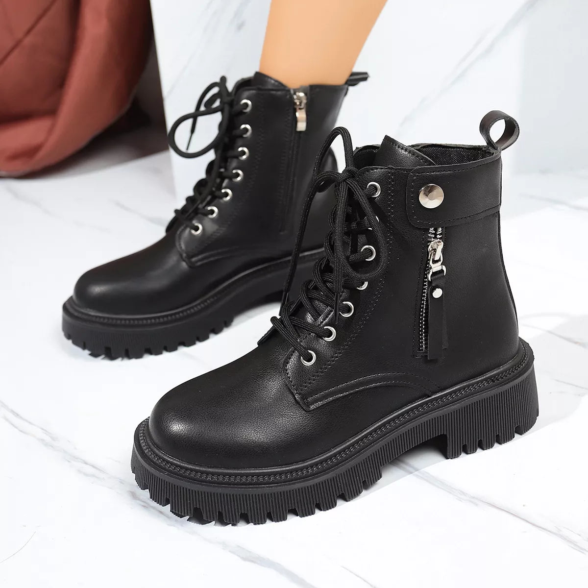 Women's Boots Black Pu Leather Round Toe Block Mid Heels Shoes a94d1ee84b20416dab5a636d58bfe253-Max-Origin Trendsi