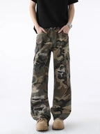 Men's Full-Length Distressed Camouflage Wide-Leg Jeans Plus Sizes Available