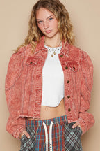 POL Cropped Denim Jacket Brick Red Raw Hem Button Up Long Sleeve Brick Red a959488c-5a41-43f3-ac06-c0d3df77e04b-Max Trendsi