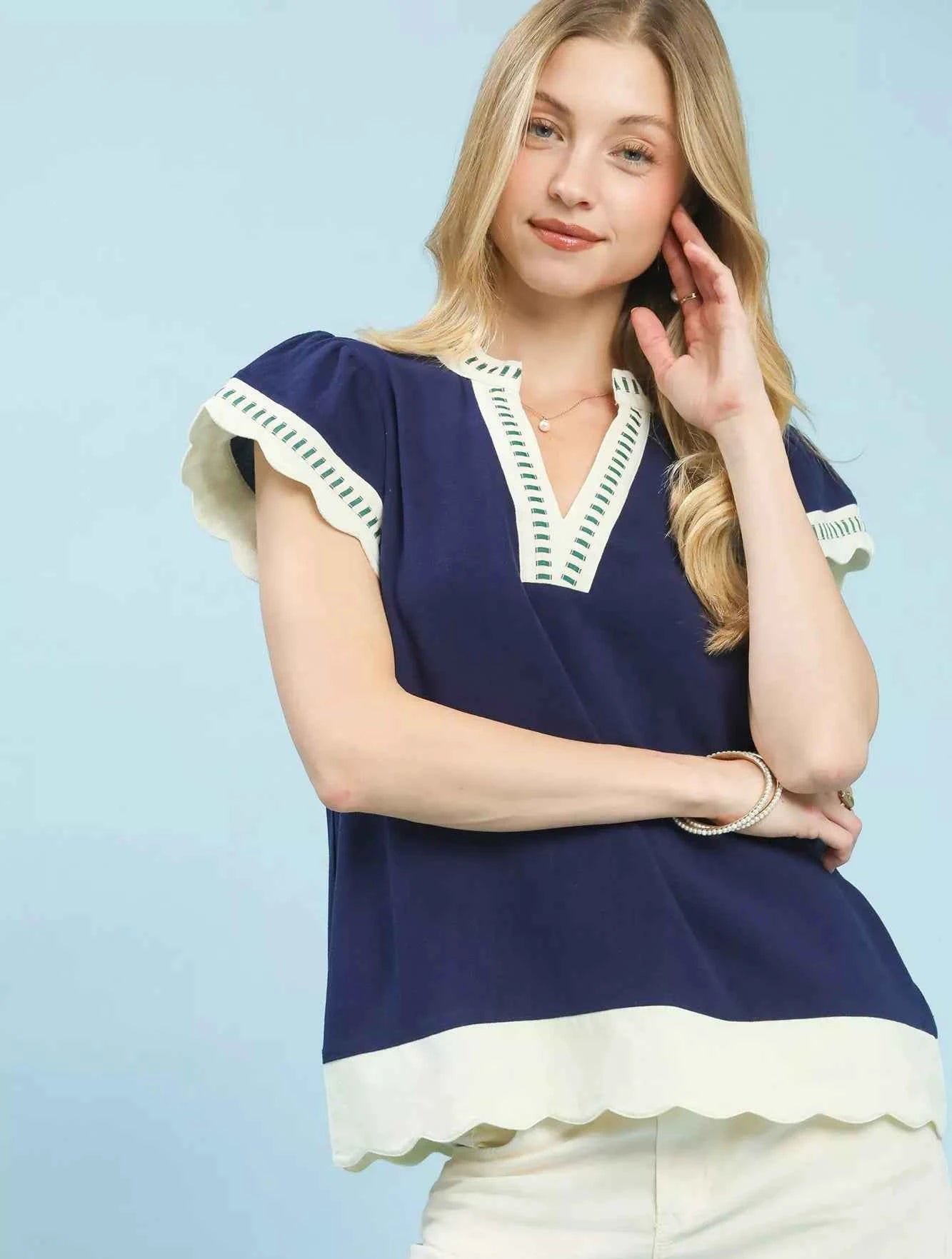 Umgee Blouse Navy Contrast Scallop Trim Top Short Sleeve NAVY a959f1c8-cb2b-4a9a-a66b-bbcab8f836be-Max-Origin Trendsi