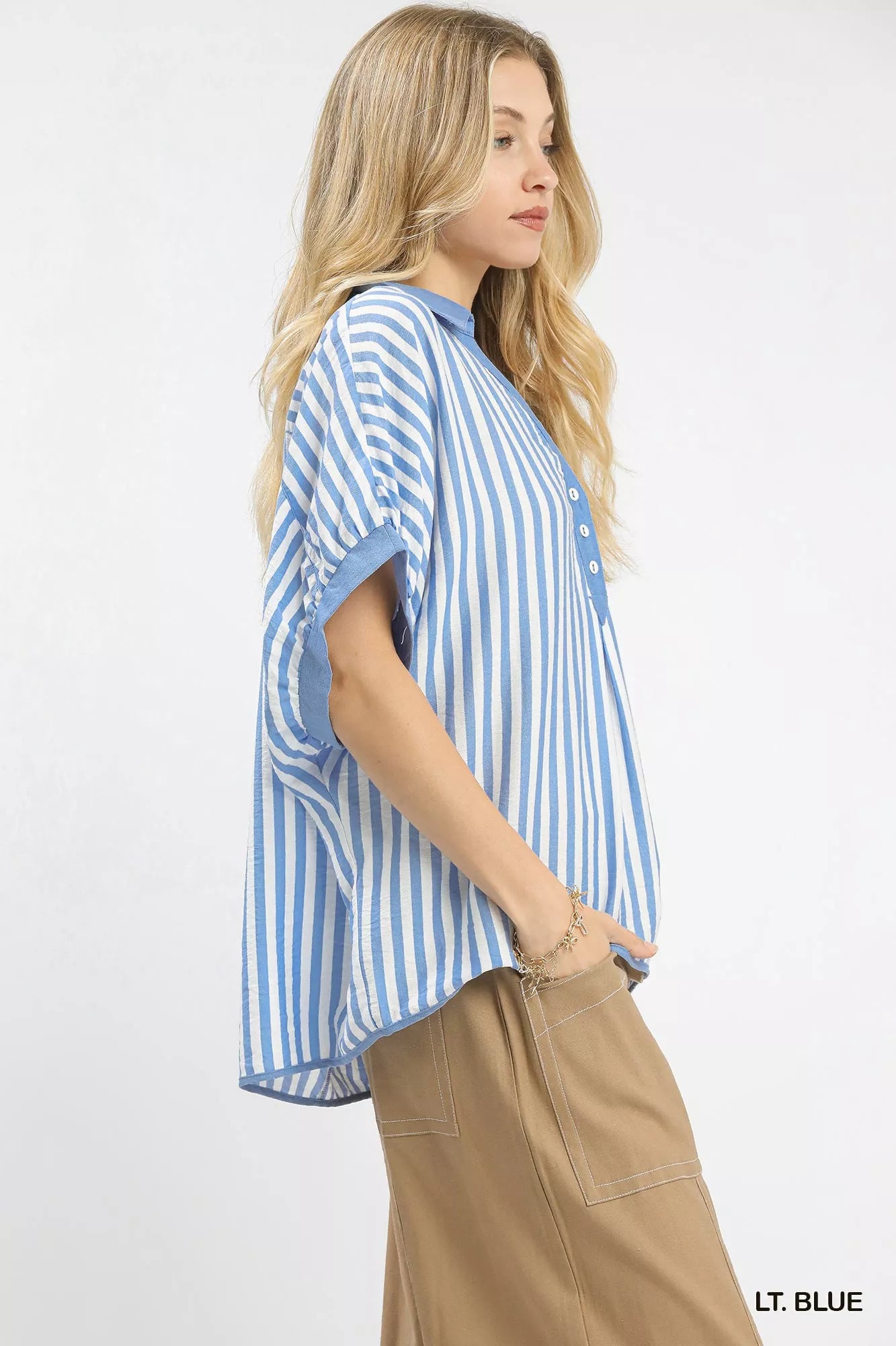 Umgee Womens Oversized Top Stripe Light Blue Collared Short Sleeve Blouse a95bfe3b-fab1-49a3-8d42-dd966085d40a-Max-Origin Trendsi