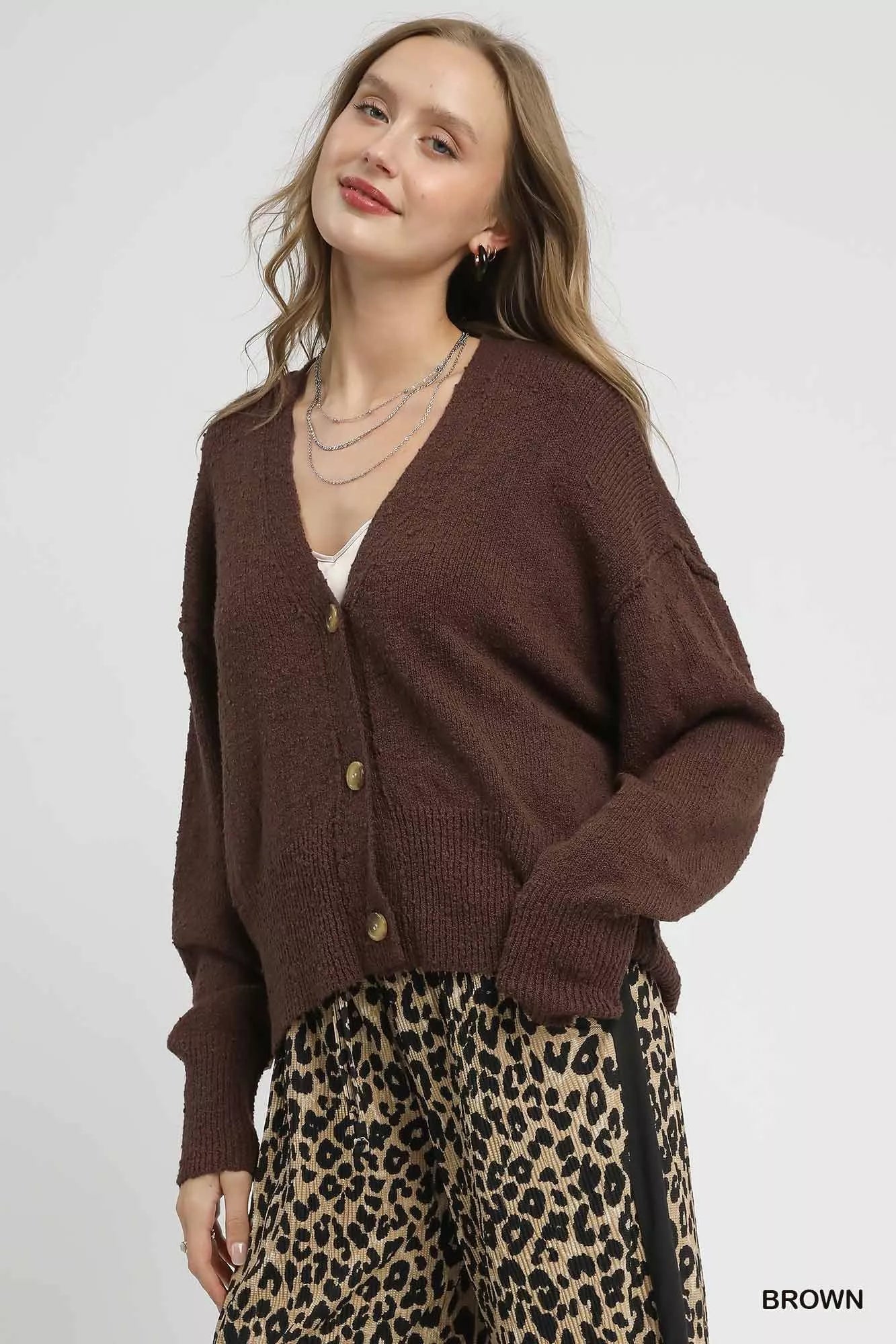 Umgee Women's Knit Cardigan Brown Button-Front V-Neck Solid Sweater a95d223c-ffaa-4b08-add6-f4ec60611501-Max-Origin Trendsi