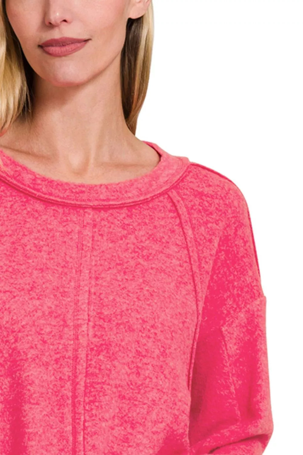 Zenana Womens Sweater Hot Pink Brushed Hacci Exposed Seam Hi Low Top a95f1509-8e8a-4779-9b58-fcdf7f7a311f-Max-Origin Trendsi