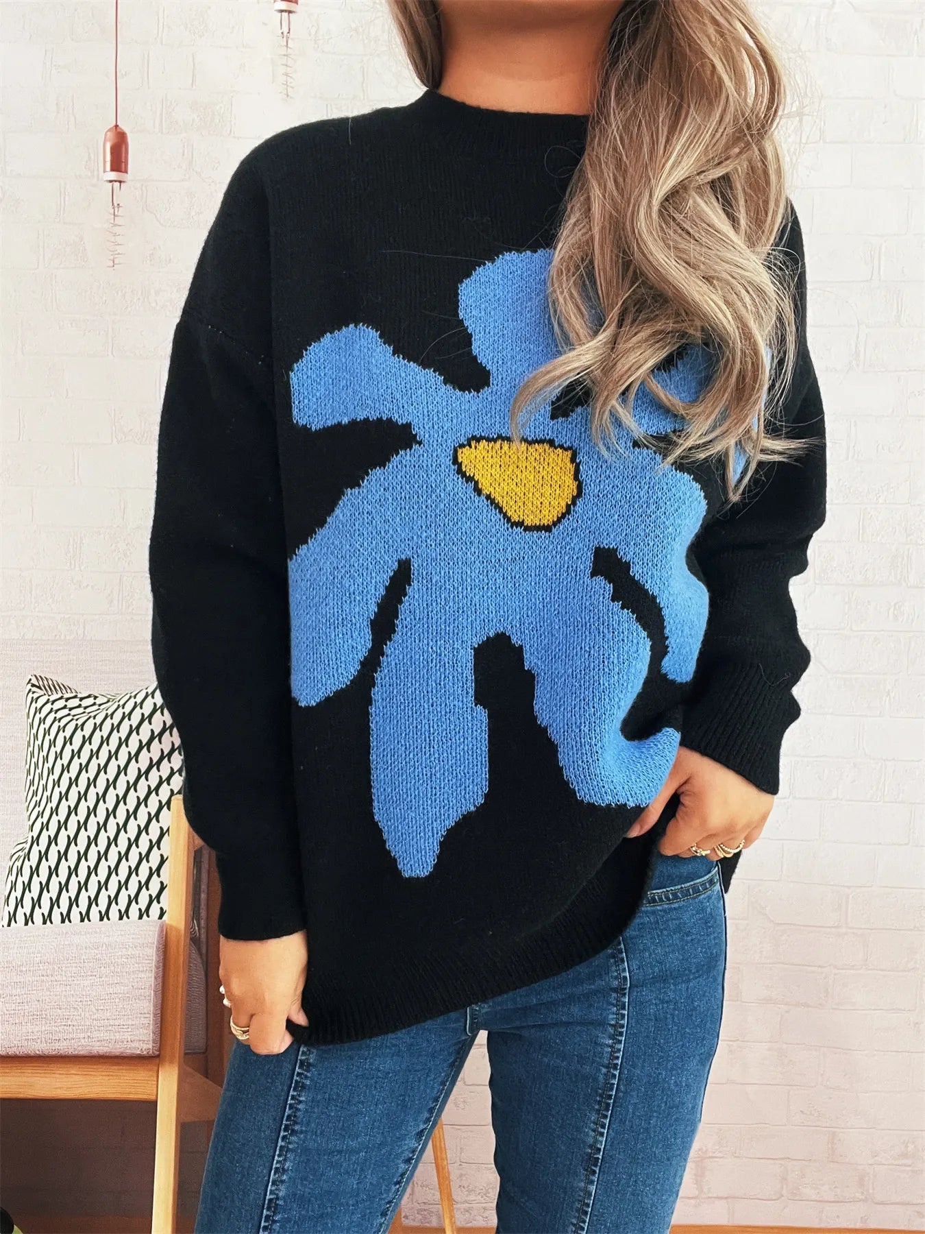 Women's Sweater Flower Dropped Shoulder Knit Long Sleeve Pullover a98785051d9041df9e085852d3243c94-Max-Origin Trendsi