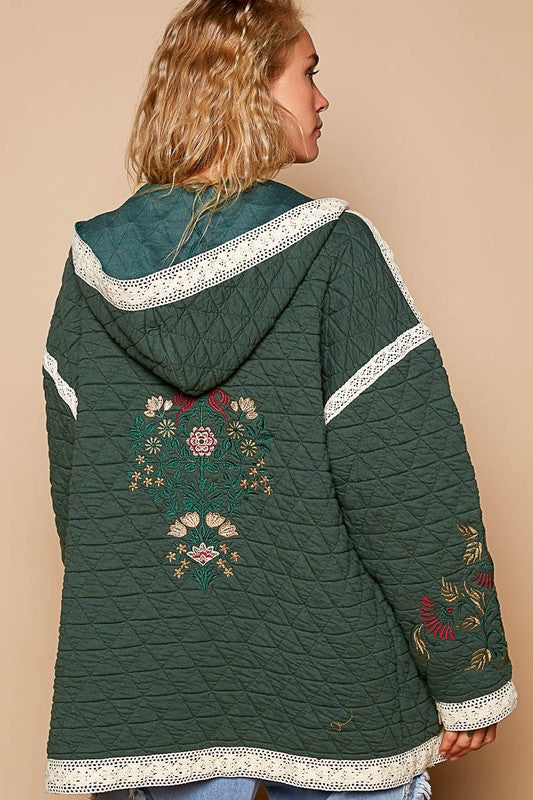 POL Women Quilted Jacket Hooded Green Floral Embroidered Open Long Sleeve