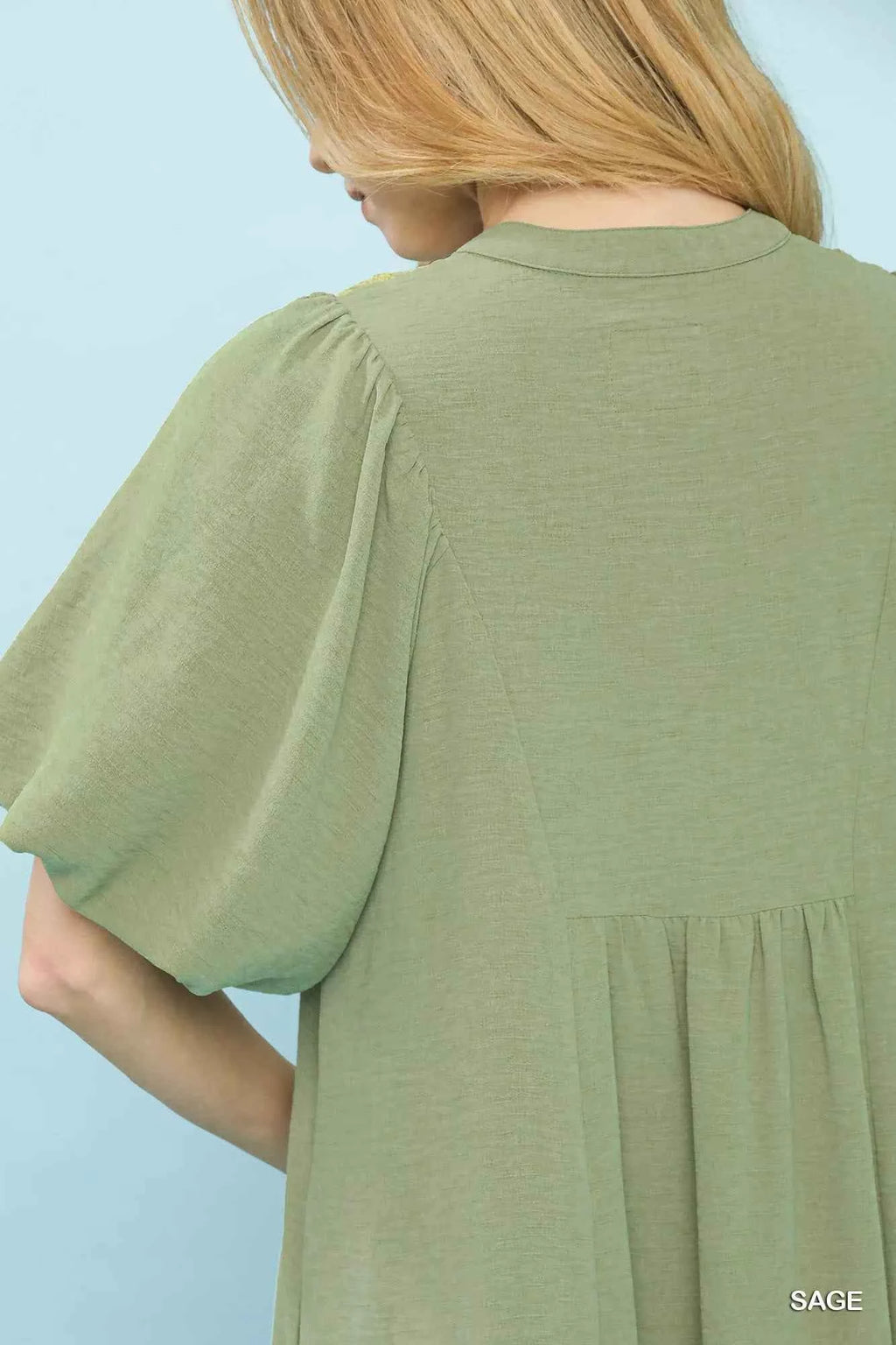 Umgee Midi Dress Sage Ruffled Puff Short Sleeve with V Neck Lace Detail a99e3031-e14c-439d-8124-3fc0e9b563b0-Max-Origin Trendsi