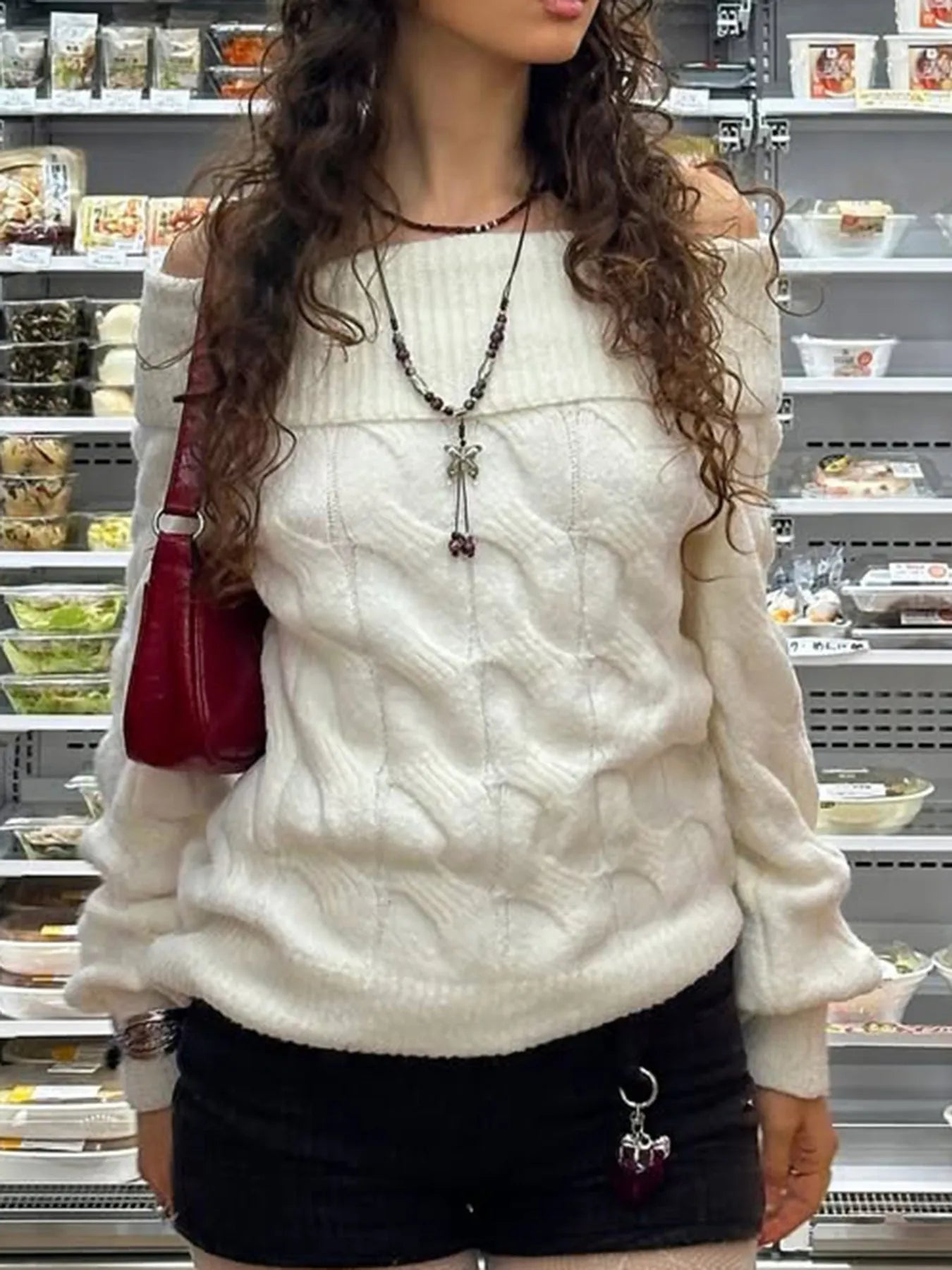 Women's Sweater Off-Shoulder Cable Knit Long Sleeve Pullover a9a6fb8c76084427a7526a16b34d4210-Max-Origin Trendsi