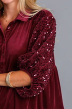 Umgee USA Sequin Shirt Burgundy Tiered Back Half Sleeve Babydoll Ruched a9acd363-9fe1-4c9f-a72b-aeeac4289a22-Max Trendsi
