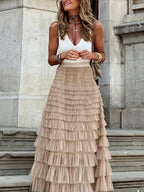 Ruffle Maxi Skirt Layered Mesh Tiered Elastic Waist a9b10638a77a4b7d9e22f6aaa4bf6fe5-Max-Origin Trendsi