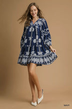 Umgee Mini Dress Navy Tribal Print with Tie Neck Long Sleeve a9b1eab1-88e2-420b-b38b-25fa56c635bf-Max-Origin Trendsi