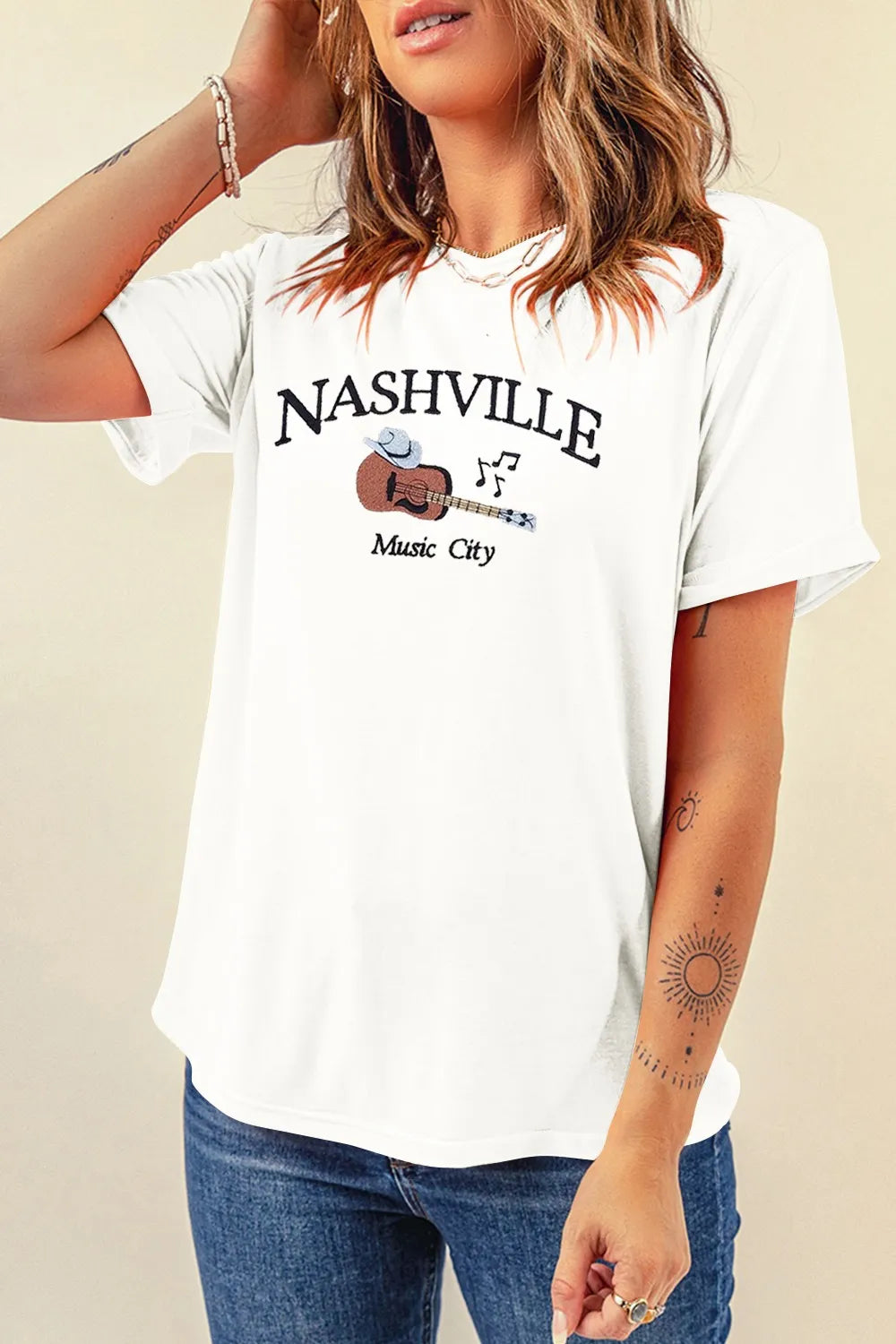 Women's T-shirt Guitar NASHVILLE Music City Print Crewneck Tee White a9b96678-faf9-4642-92b4-5a8640e01b25-Max-Origin Trendsi