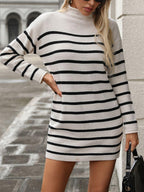 Striped Knit Mini Dress Mock Neck Long Sleeve a9b9a515-20e0-4dbc-8906-469cda570688-Max Trendsi